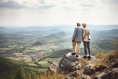 shot of a senior couple looking at the view from the top of a mountainの素材