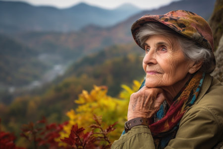 closeup portrait of a senior woman at the top of flora sceneryの素材