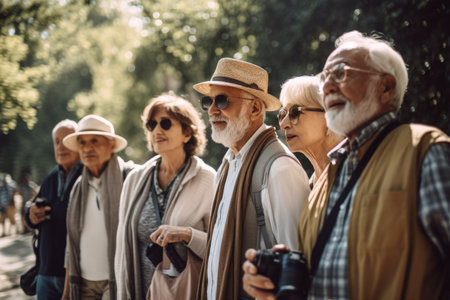 shot of a group of older people taking pictures while walking outdoors togetherの素材