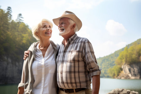 a senior couple standing and smiling while on a scenic vacationの素材