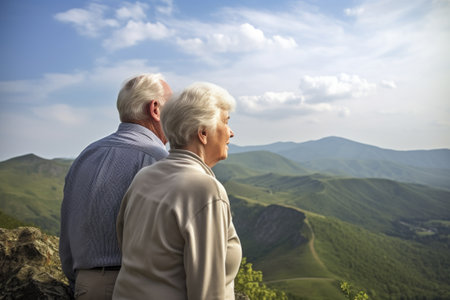 a senior couple looking out over the mountain landscapeの素材