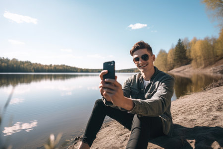a young man taking a selfie while sitting on the ground next to a lakeの素材