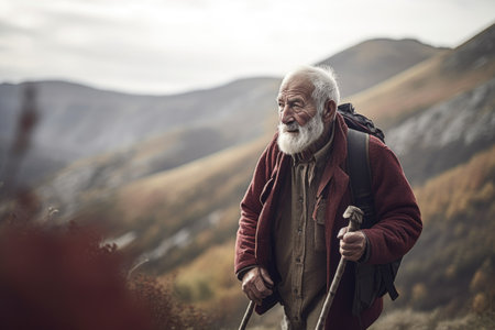 shot of a senior man walking through the mountainsの素材