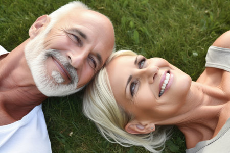 a close up shot of a mature man and woman lying together on the grassの素材