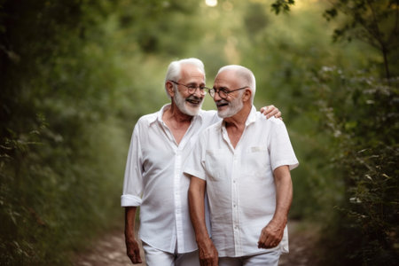a pair of senior friends with their arms crossed walking together in natureの素材