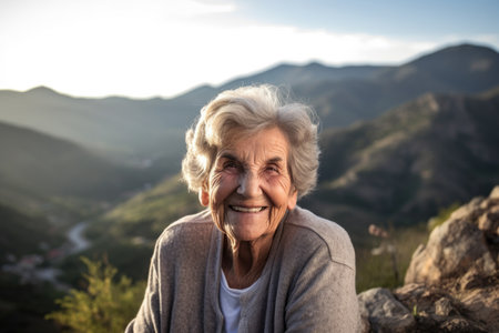 a senior woman sitting down and smiling at the camera with a beautiful mountain scape in the backgroundの素材
