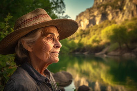 a beautiful scenic landscape portrait with a senior woman in the foreground wearing a hatの素材