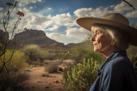 a beautiful scenic landscape portrait with a senior woman in the foreground wearing a hatの素材