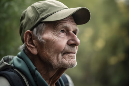 closeup shot of a senior man hiking while on a walking trailの素材