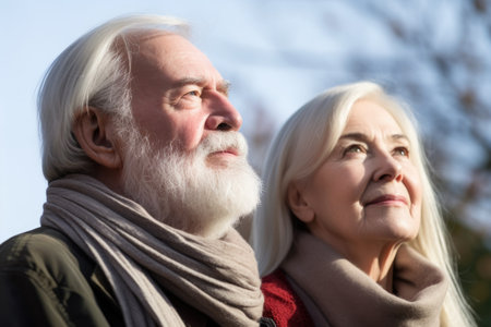 portrait of a happy senior couple looking into the distance while standing outsideの素材
