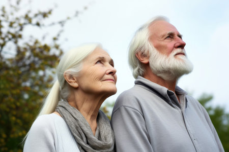 portrait of a happy senior couple looking into the distance while standing outsideの素材