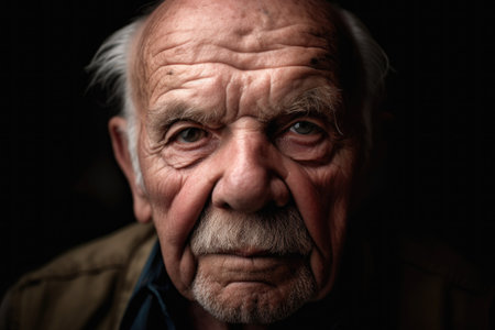 a closeup portrait of an older man looking at the cameraの素材