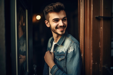shot of a handsome young man smiling while his hand is on the doorの素材