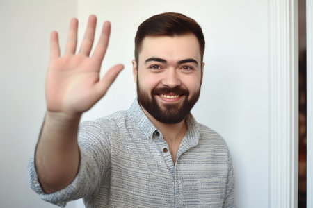 portrait of a handsome man giving you a friendly wave while standing indoorsの素材