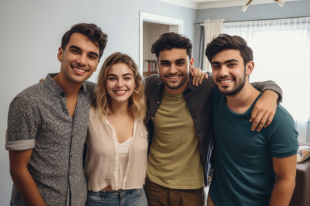 portrait of a group of happy friends standing together in their new homeの素材