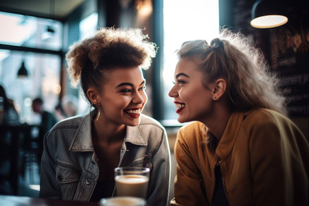 shot of two young women enjoying a coffee date together at a cafeの素材