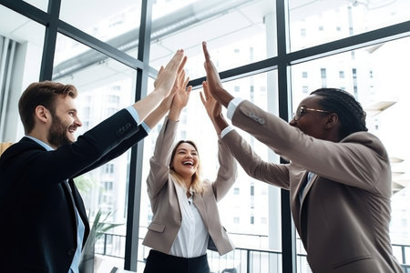 shot of a group of business colleagues giving each other a high five togetherの素材