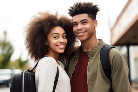 shot of a young couple standing outside with their luggageの素材