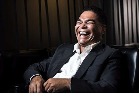portrait of a businessman laughing while sitting at a chair in his officeの素材