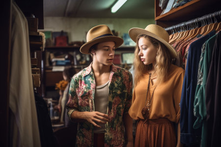 shot of two young people browsing clothing in a vintage storeの素材