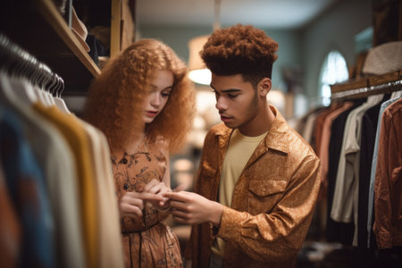 shot of two young people browsing clothing in a vintage storeの素材