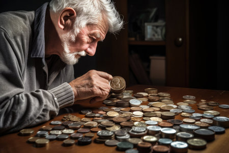 shot of a man examining his collection of coinsの素材