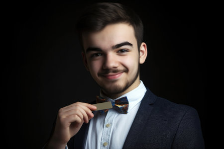 portrait of a young man holding up his credit card to pay for somethingの素材