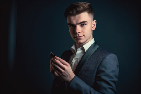 portrait of a young man holding up his credit card to pay for somethingの素材