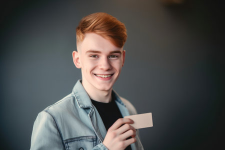 portrait of a young man holding up his credit card to pay for somethingの素材