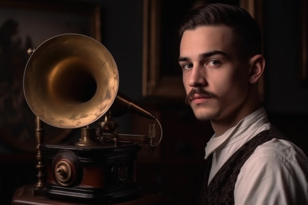 portrait of a young man holding an old gramophoneの素材