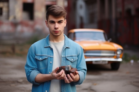 young man standing with a vintage toy car in his handsの素材