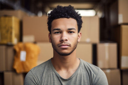 portrait of a young man standing in front of some cardboard boxesの素材
