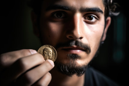shot of a young man holding a small rare coinの素材
