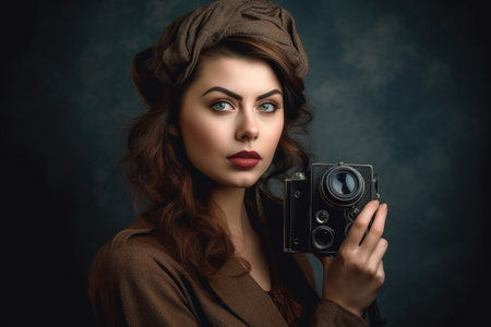 portrait of a young woman holding a vintage cameraの素材