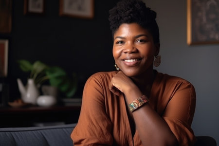 smile, happy and portrait of a black woman with arms crossed in her home living room to relaxの素材