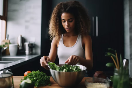 a young woman making a salad in the kitchenの素材