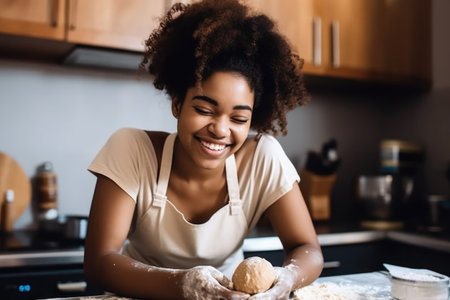 shot of a young woman smiling and baking in the kitchenの素材