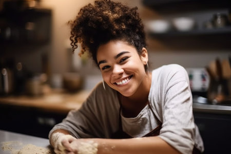 shot of a young woman smiling and baking in the kitchenの素材