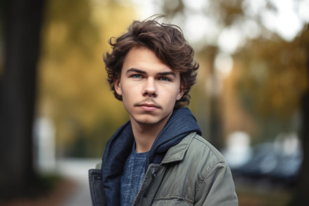 portrait of a handsome young man standing outsideの素材