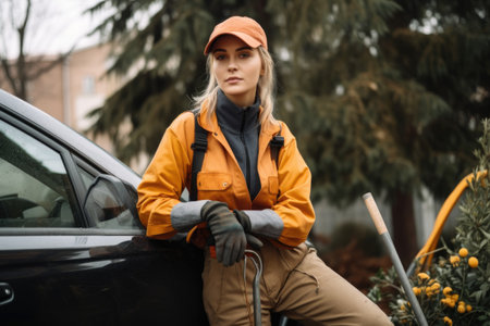 portrait of a young female landscaper leaning against her car while workingの素材