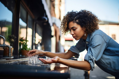 shot of a young woman drinking water while washing her hands outsideの素材