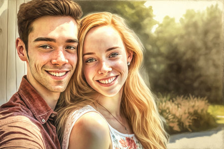portrate of a happy young couple enjoying their day outsideの素材