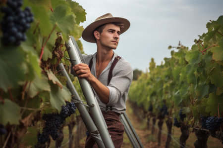 handsome young man on a ladder working in his vineyardの素材