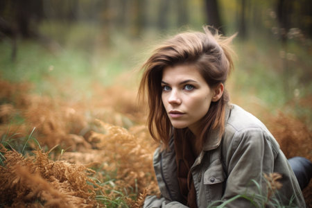 closeup portrait of a young woman sitting on the ground enjoying some time in natureの素材