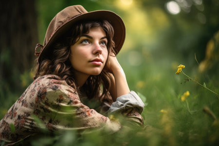 closeup portrait of a young woman sitting on the ground enjoying some time in natureの素材