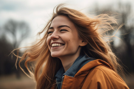 portrait of a happy young woman enjoying the outdoorsの素材