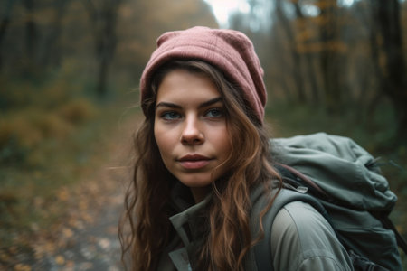 portrait of a young woman going for a hikeの素材