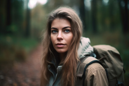 portrait of a young woman going for a hikeの素材