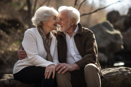 shot of an affectionate senior couple sitting on a rockの素材