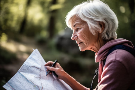 cropped shot of a senior woman looking at a map while out for a hikeの素材